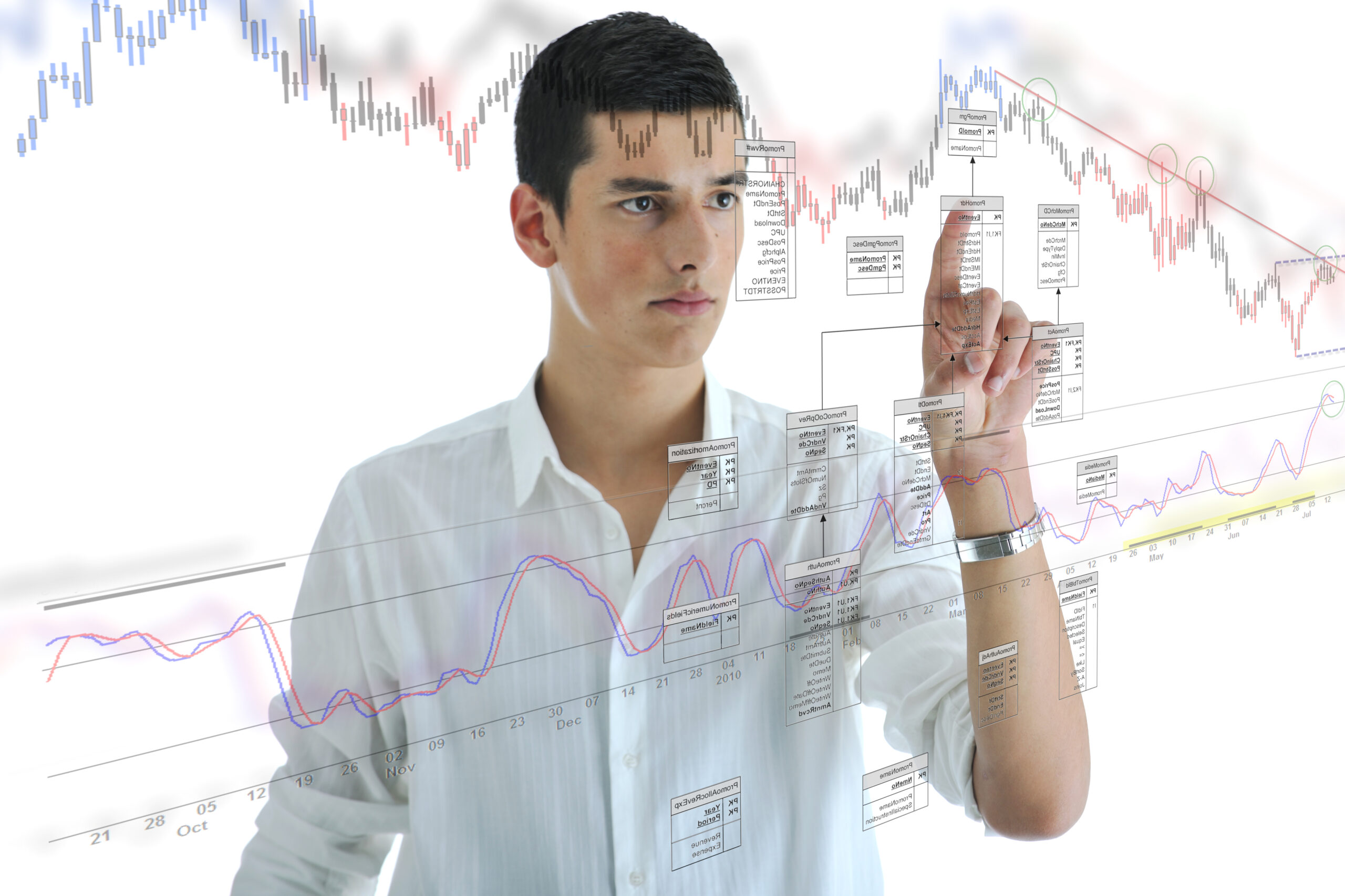 young business man planing and solving problems with illustrated graph disply screen for database and statistycs