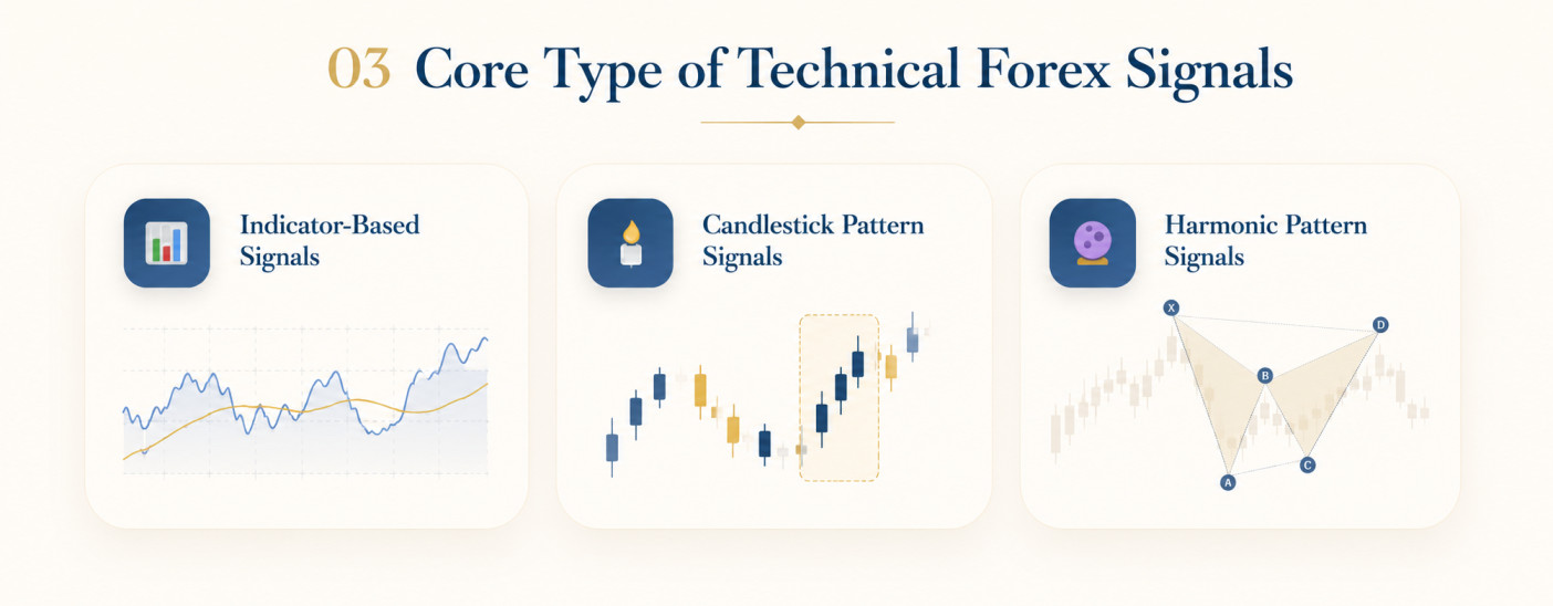 Three types of technical forex signals — indicator-based, candlestick pattern, and harmonic pattern signals displayed on trading screens