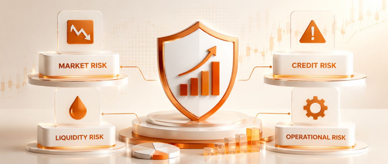 Four Types of Investment Risk in Hedge Fund Analysis — Market, Credit, Liquidity, and Operational Risk diagram