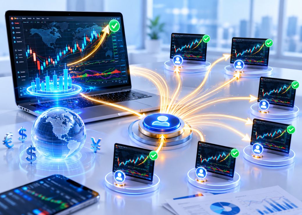 5 slave accounts copying signals from one master account — forex copy trading demonstration
