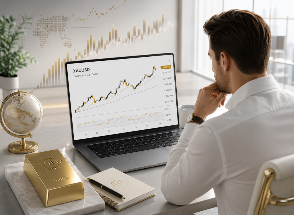 Focused trader reviewing XAU/USD research and price rates on laptop with multiple data sources