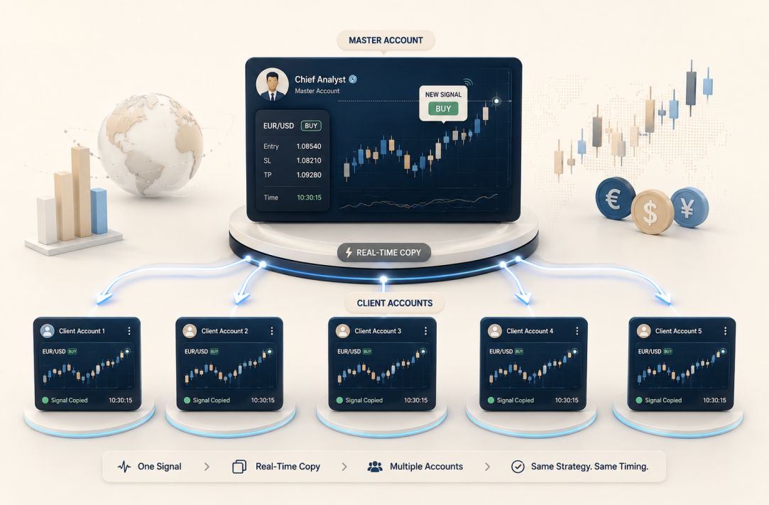 A trading signal being copied across multiple client accounts