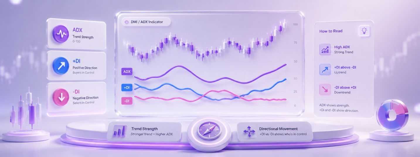 ADX indicator lines showing DMI directional movement system with +DI -DI and ADX line explained on forex chart
