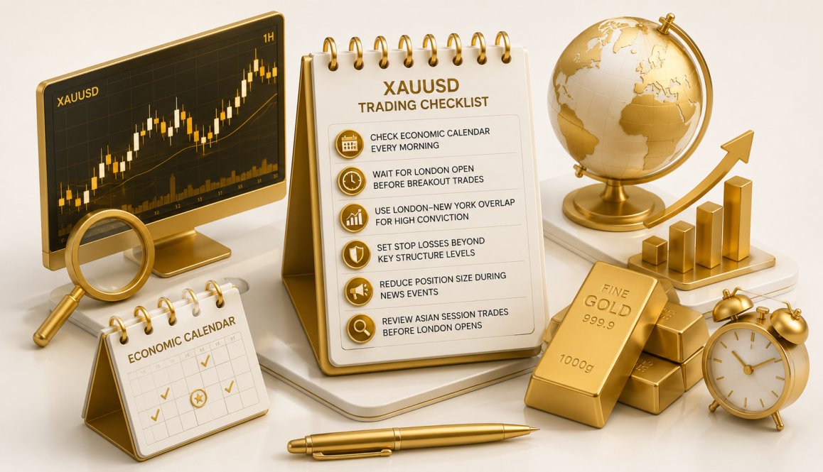Professional forex trader analyzing XAUUSD gold charts on multiple screens with discipline and timing strategy