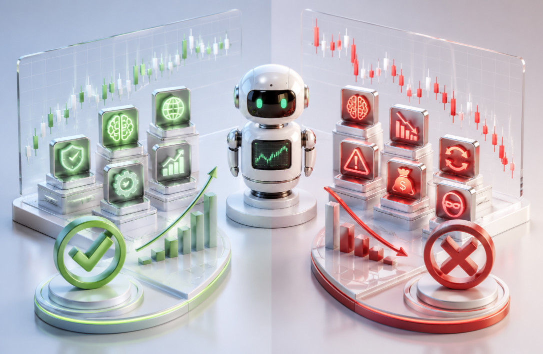 Professional forex trader reviewing automated trading results on dual monitors