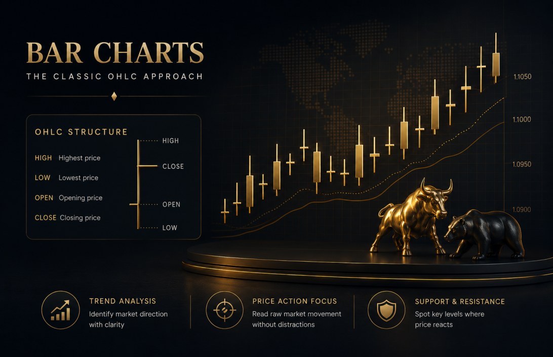 Bar chart OHLC open high low close price structure for forex technical analysis