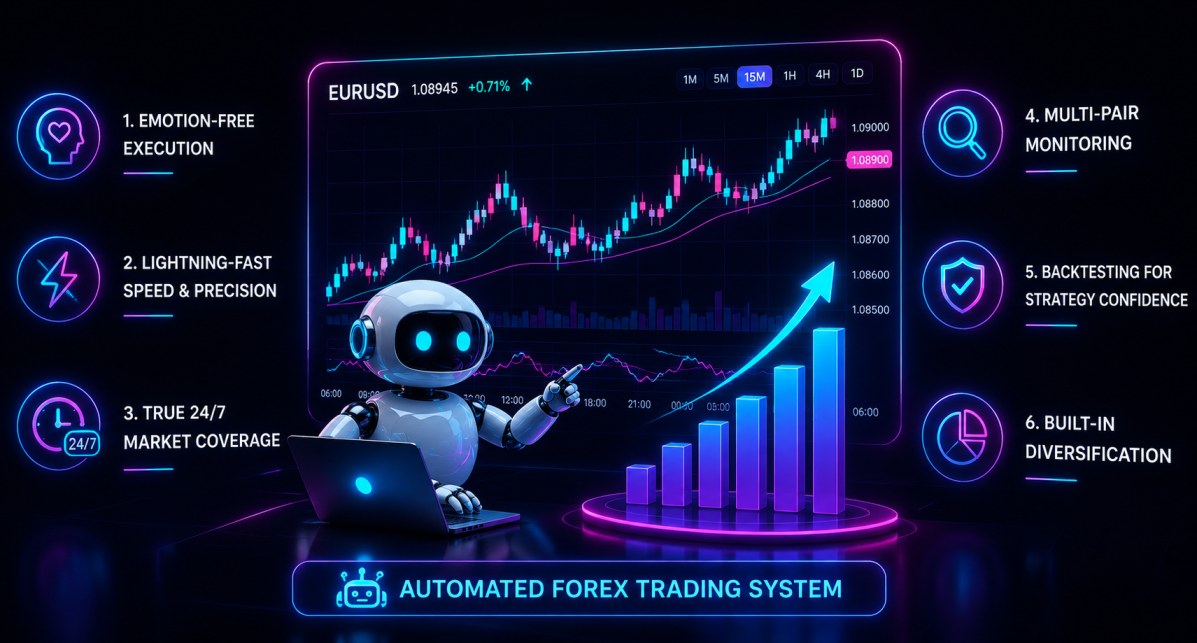 The 6 key benefits of automated forex trading systems — speed, discipline, 24/7 operation, backtesting and diversification