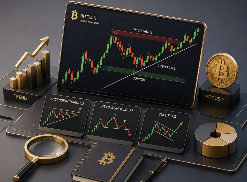 Bitcoin technical analysis chart patterns — ascending triangle, head and shoulders, bull flag