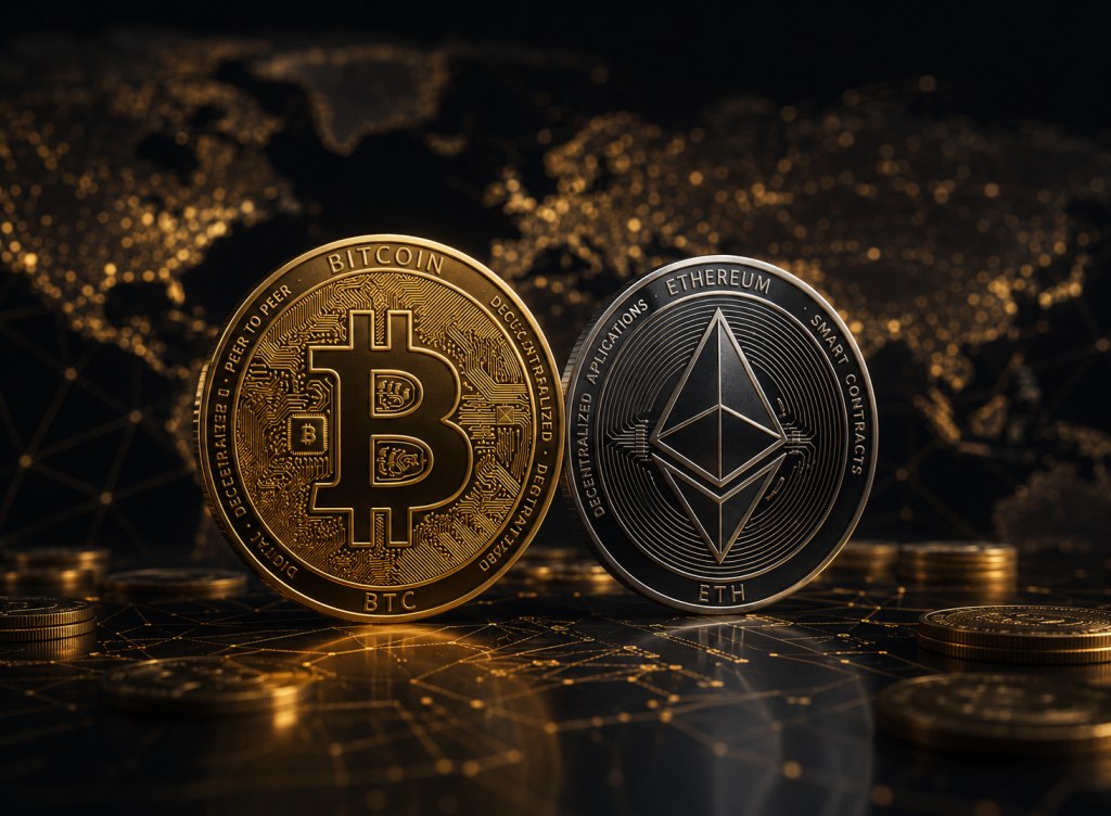 Bitcoin and Ethereum cryptocurrency coins on dark background