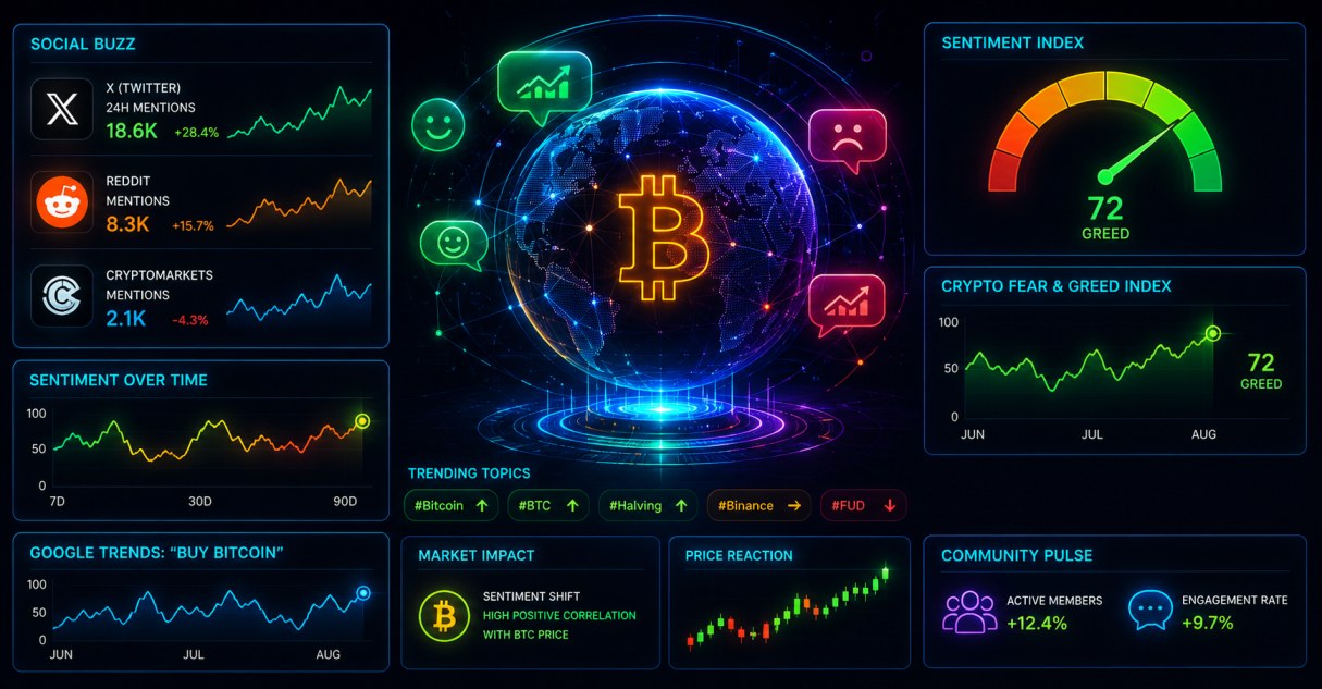 Bitcoin sentiment analysis and social media monitoring — Fear and Greed Index, Reddit, Twitter signals
