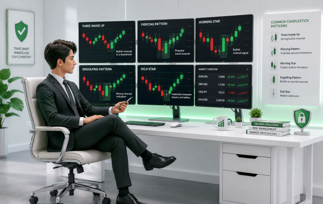 Common candlestick chart patterns including Doji, Engulfing, Morning Star and Piercing Pattern