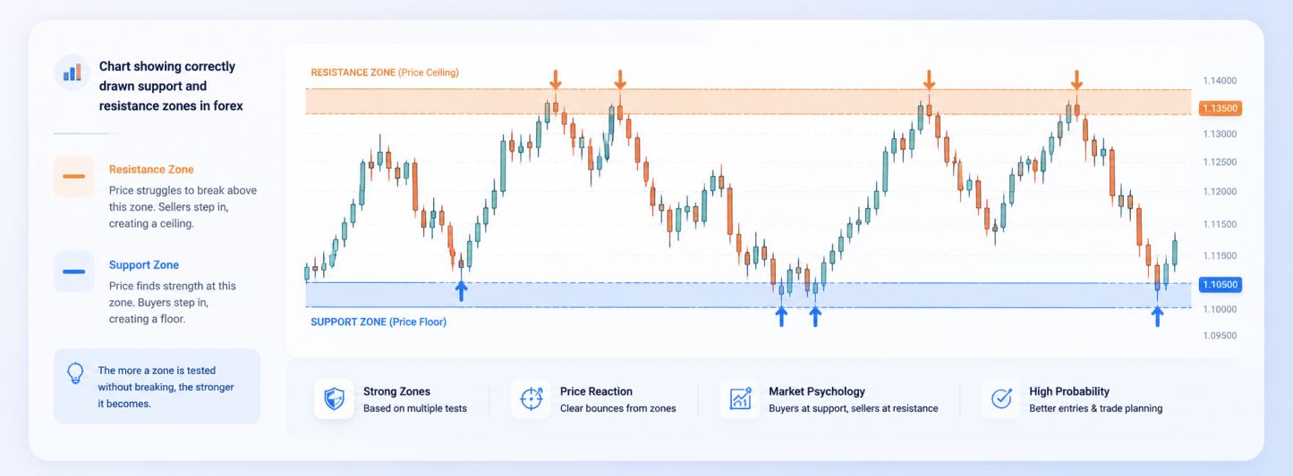 Chart showing correctly drawn support and resistance zones in forex — fxTsignals.com