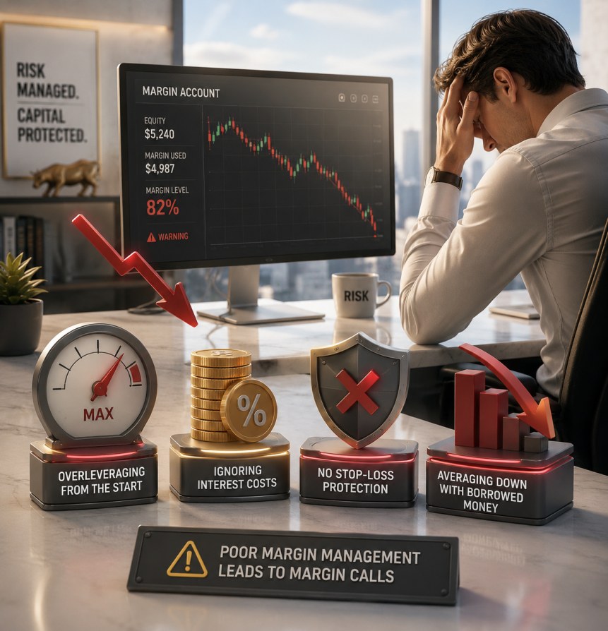Stressed forex trader watching account decline on screen after overleveraging a margin position