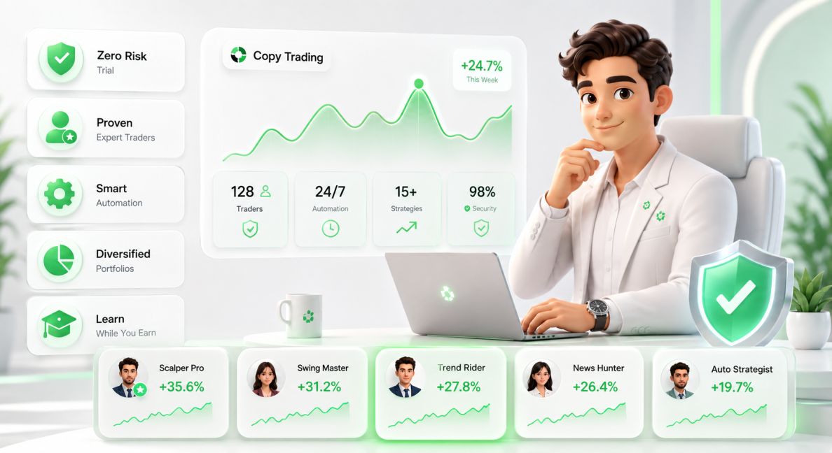 Forex copy trading benefits showing consistent portfolio growth and profit charts for follower accounts