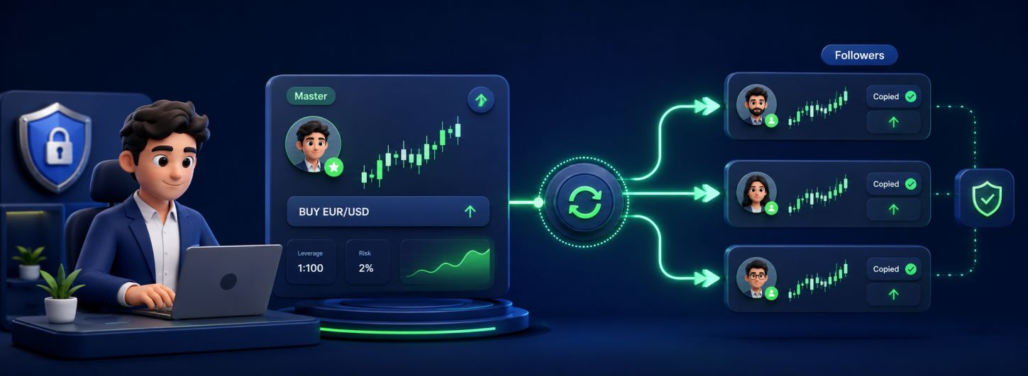 Step-by-step diagram showing how forex copy trading works — from master trader signal to automatic follower account execution
