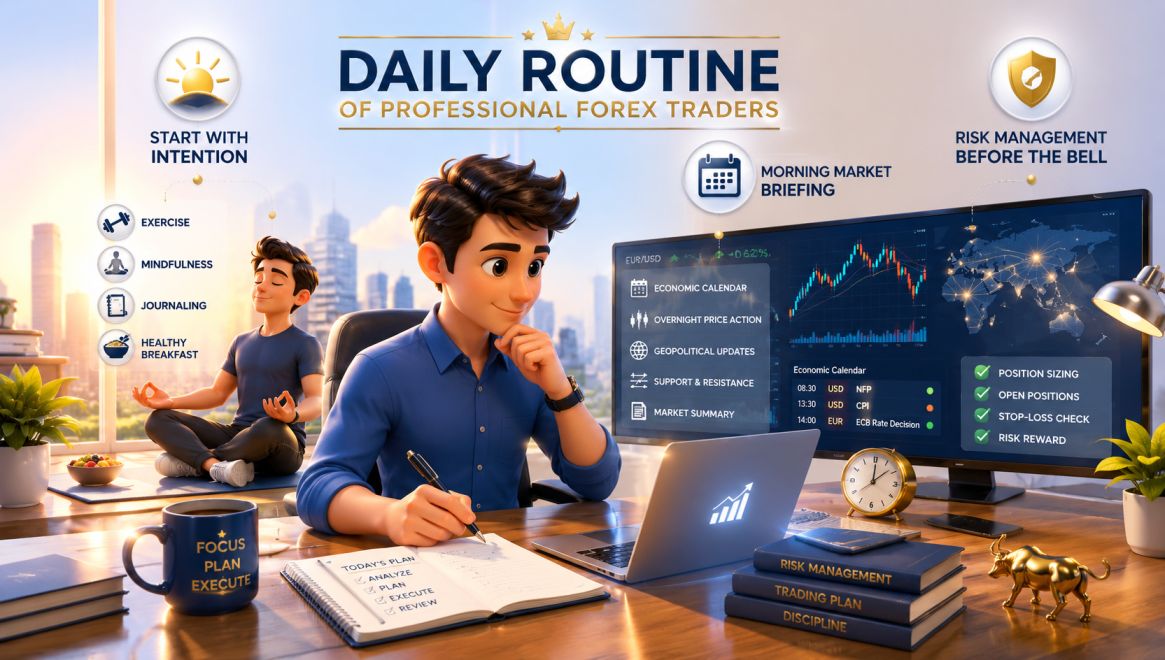 Forex trader morning routine with coffee, charts and notebook on a clean desk
