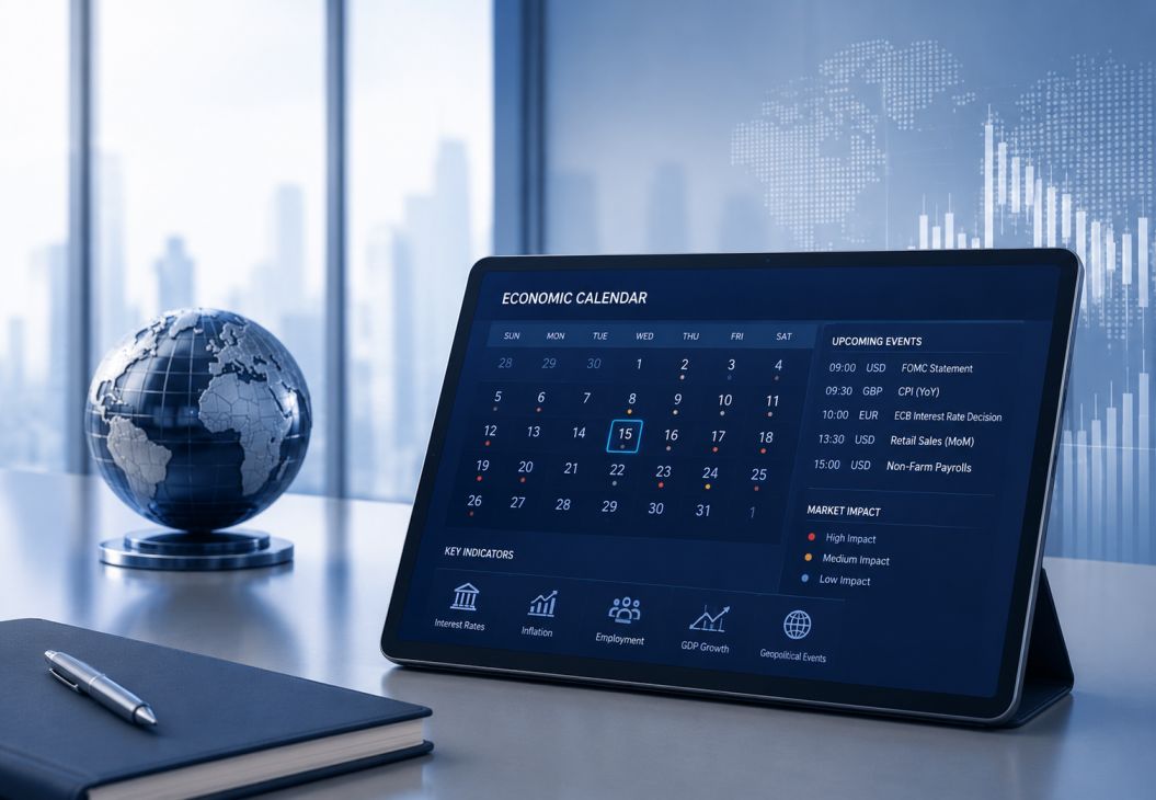 Economic calendar showing key fundamental forex analysis events including central bank decisions and employment reports