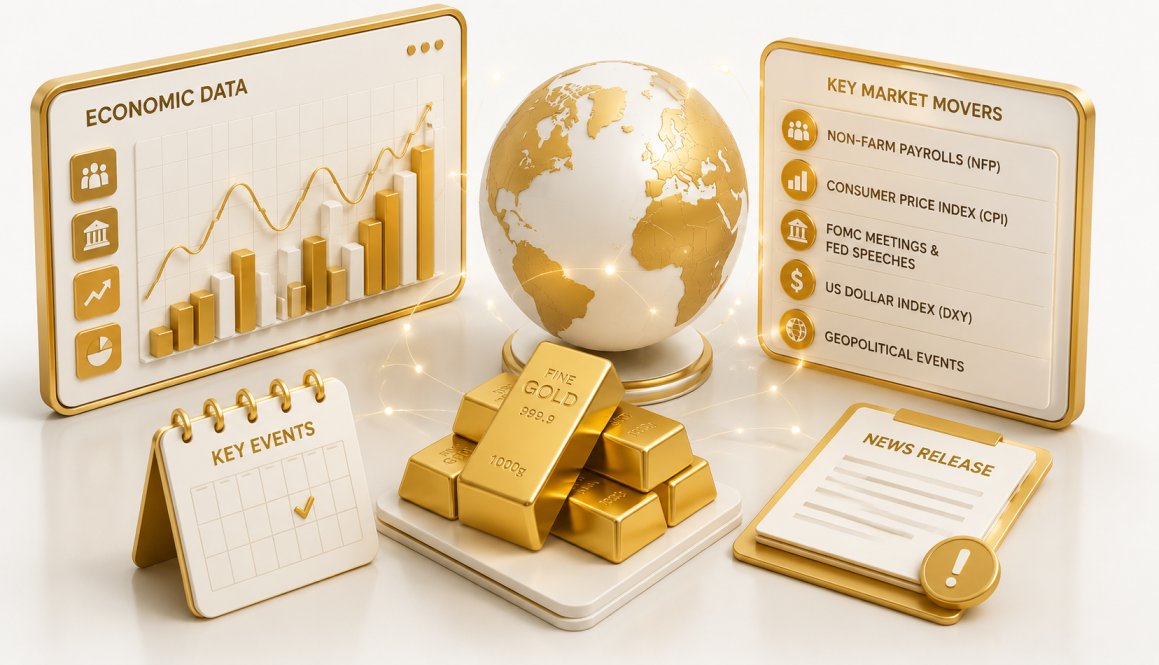 Economic data charts showing CPI, NFP, and FOMC news releases that impact XAUUSD gold prices