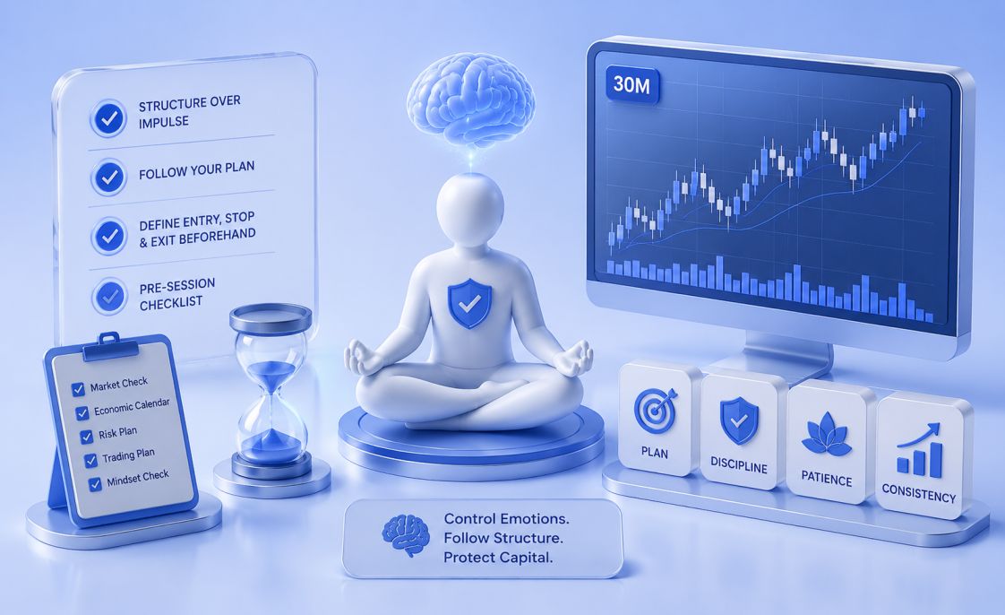 Emotional control in forex trading — trader managing discipline and psychology during volatile 30-minute chart sessions