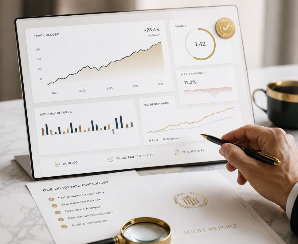 Forex trader reviewing hedge fund track record charts and performance data