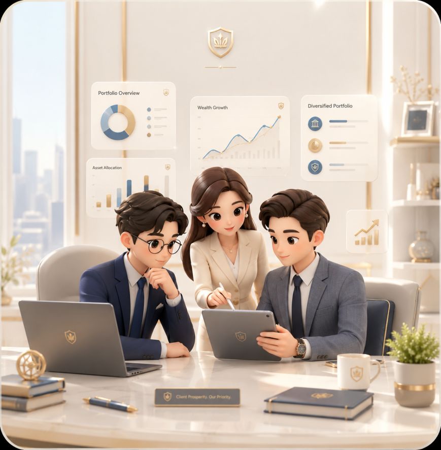 Expert wealth management team analyzing financial data