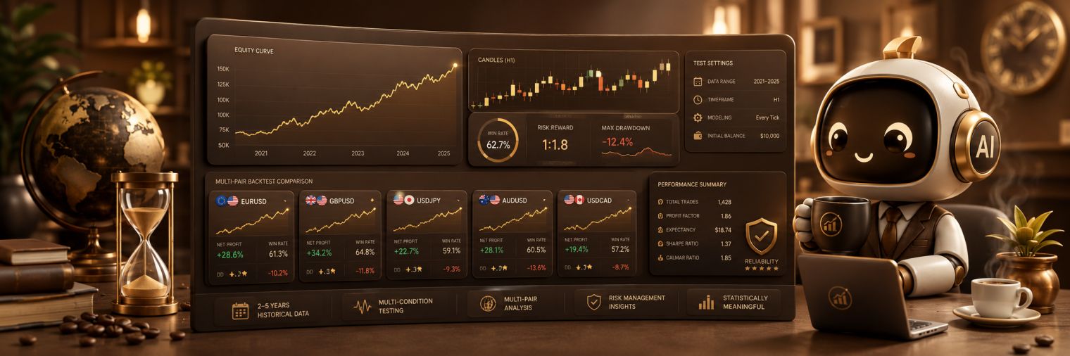 Forex backtesting results dashboard showing historical performance metrics