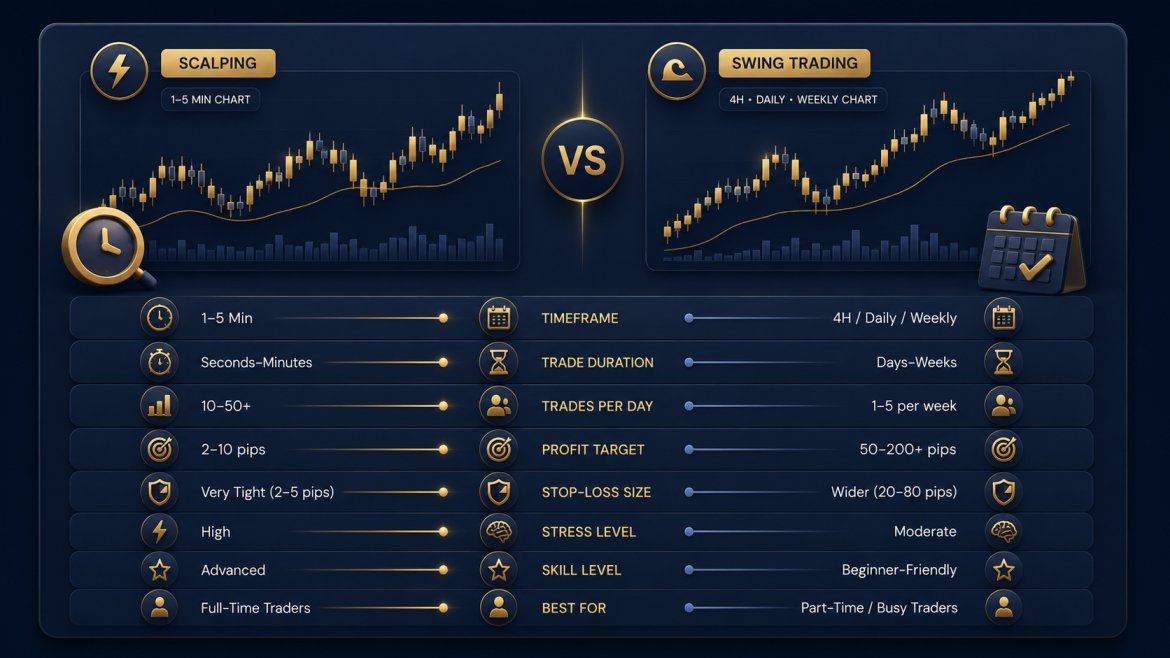 Forex chart comparison showing scalping entries vs swing trade setups on EUR/USD
