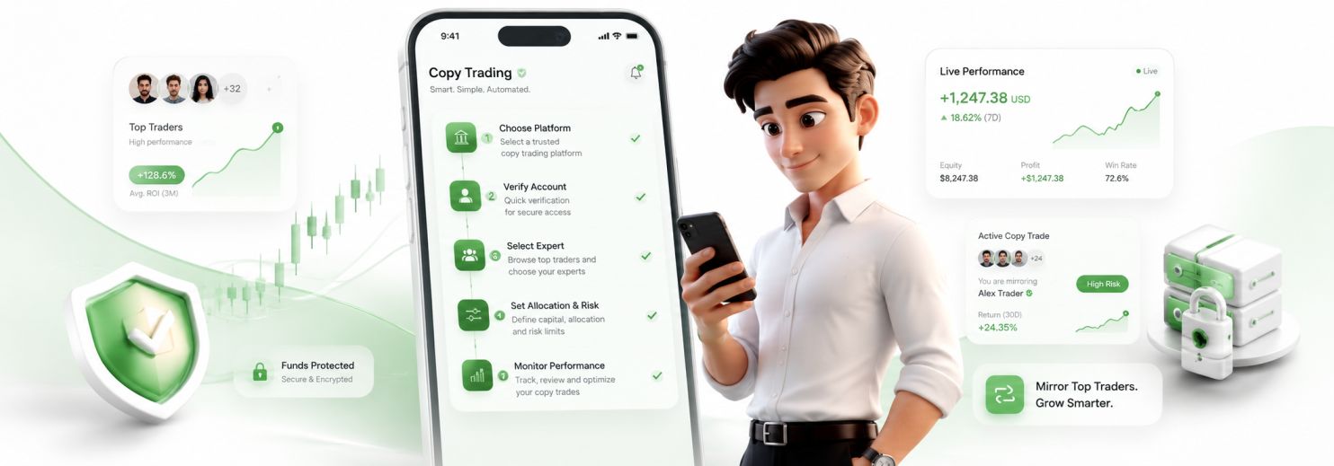 Forex copy trading dashboard viewed on iPhone — fxTsignals mobile interface showing live copied trades and portfolio performance