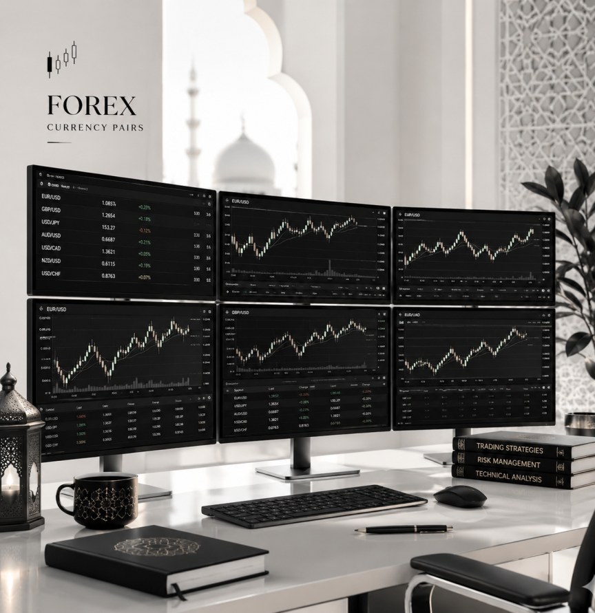 Forex currency pairs displayed across multiple trading platform screens