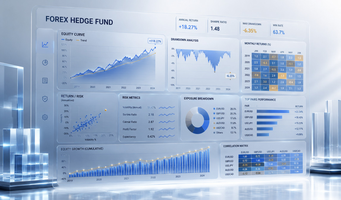 Professional forex analyst reviewing hedge fund performance data and portfolio metrics