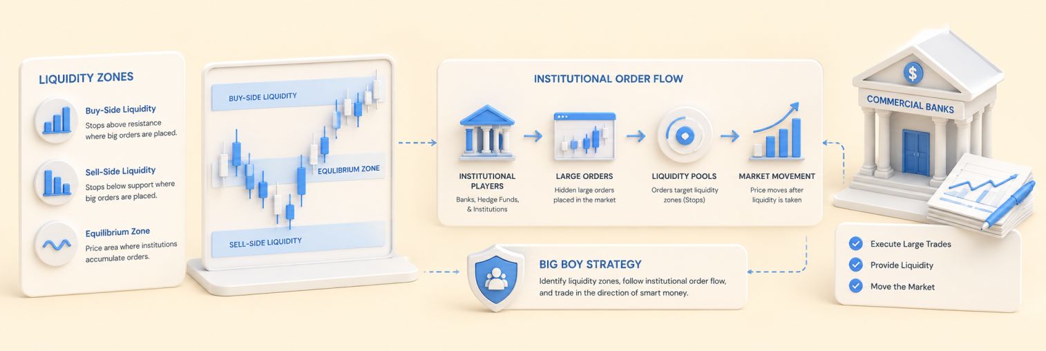 Forex market liquidity zones and institutional order flow — big boy trading strategy chart analysis