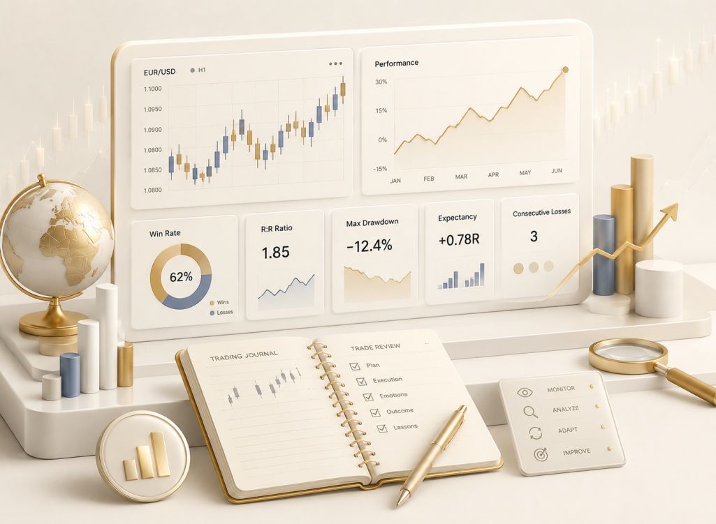 Forex performance monitoring and analytics — detailed trade journal and performance metrics dashboard