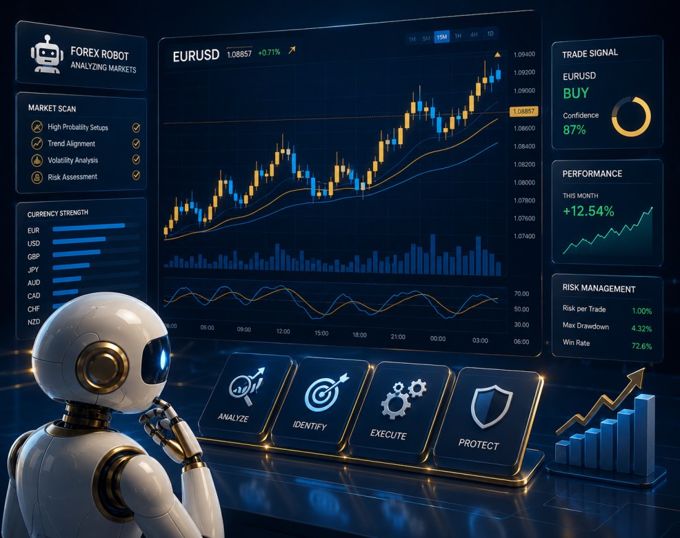 Forex robot Expert Advisor analysing currency charts and executing automated trades on MetaTrader