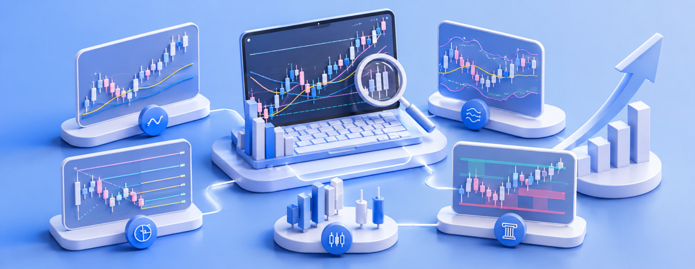 Forex technical analysis charts showing moving averages, Fibonacci retracements, and trend lines