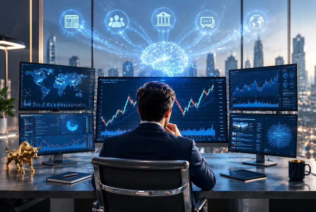 Forex traders analyzing market sentiment data on multiple screens