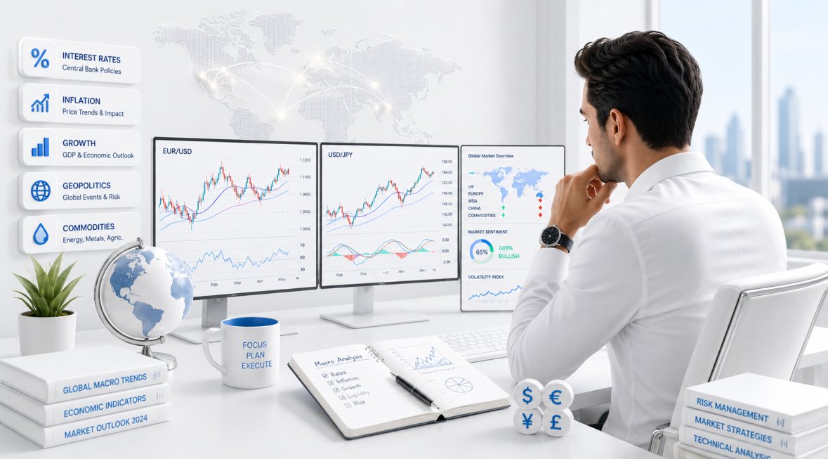 Forex trader analyzing global macro strategies and institutional flows