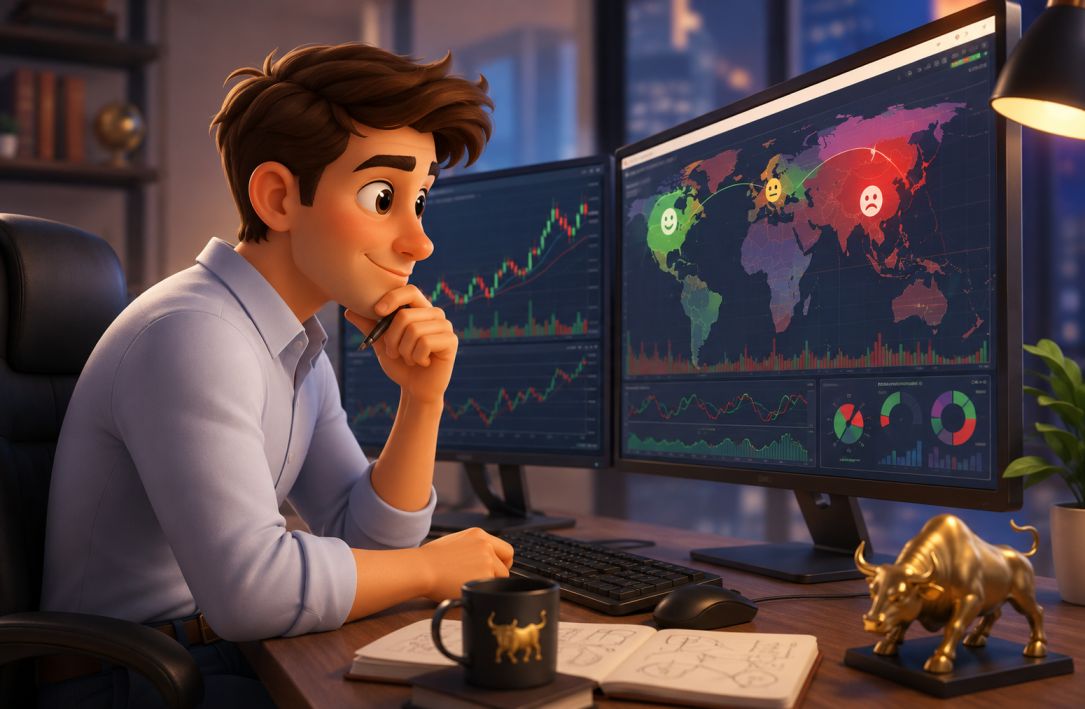 Professional forex trader analyzing market sentiment signals on multiple trading screens