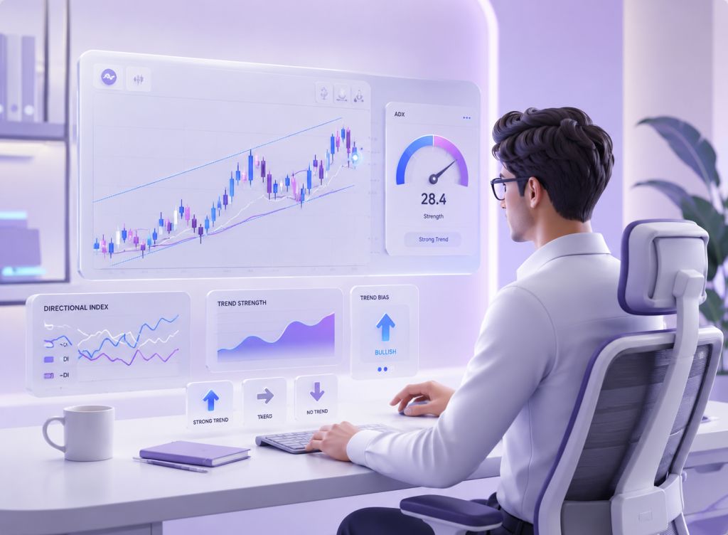 Professional forex trader analyzing ADX and market trend indicators on dual monitor setup