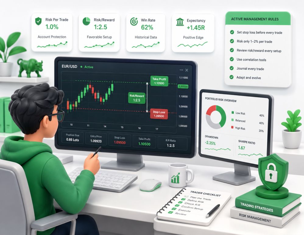 Professional forex trader analyzing risk-reward ratios on multiple monitor screens — hedge fund approach