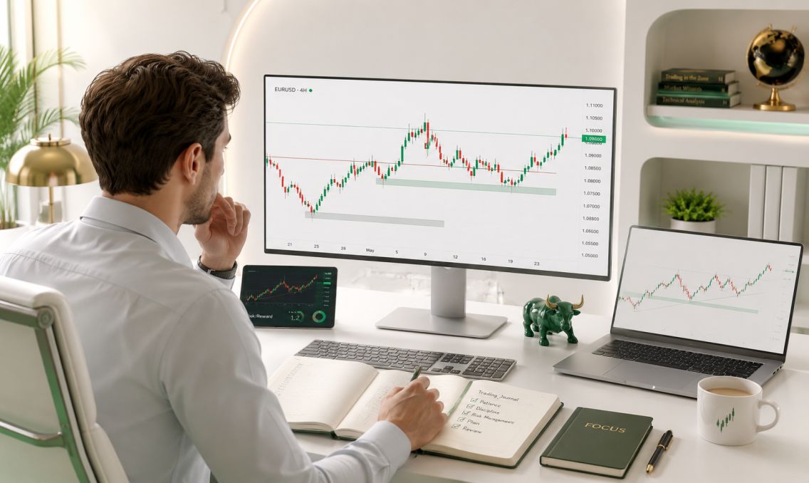 Professional forex trader studying price action charts and candlestick patterns