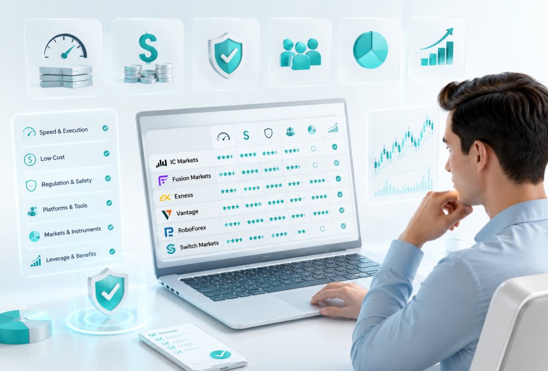 Forex trader carefully analysing broker options on laptop to make a genuine informed decision