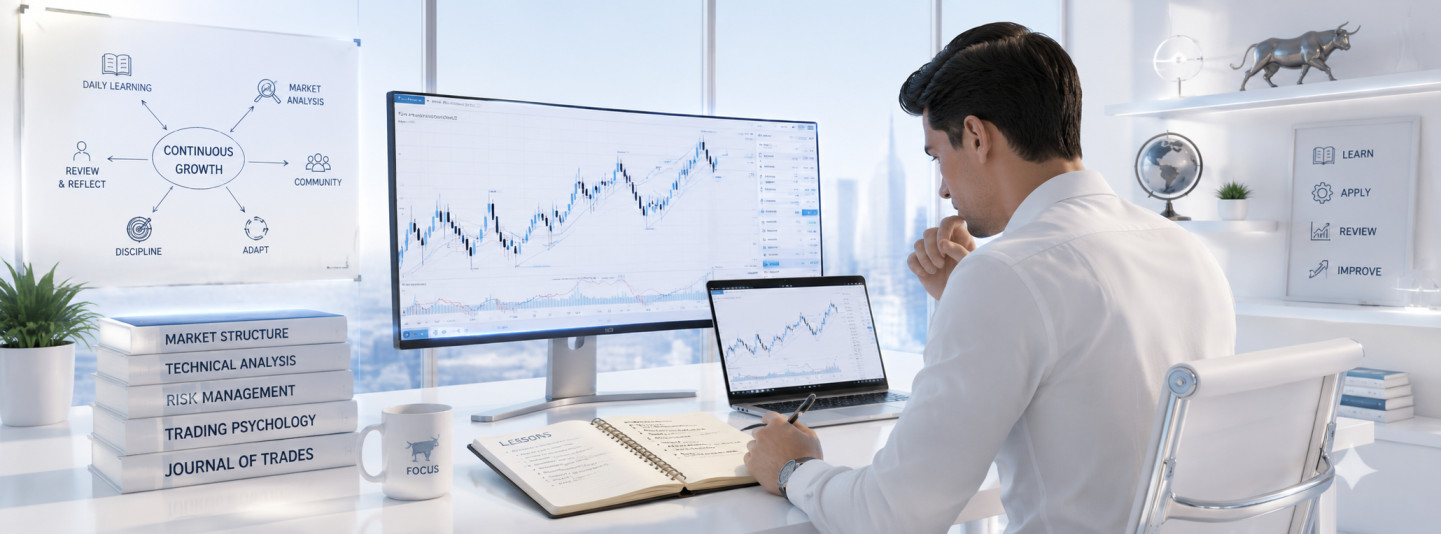 Forex trader studying charts and market analysis in an educational setting