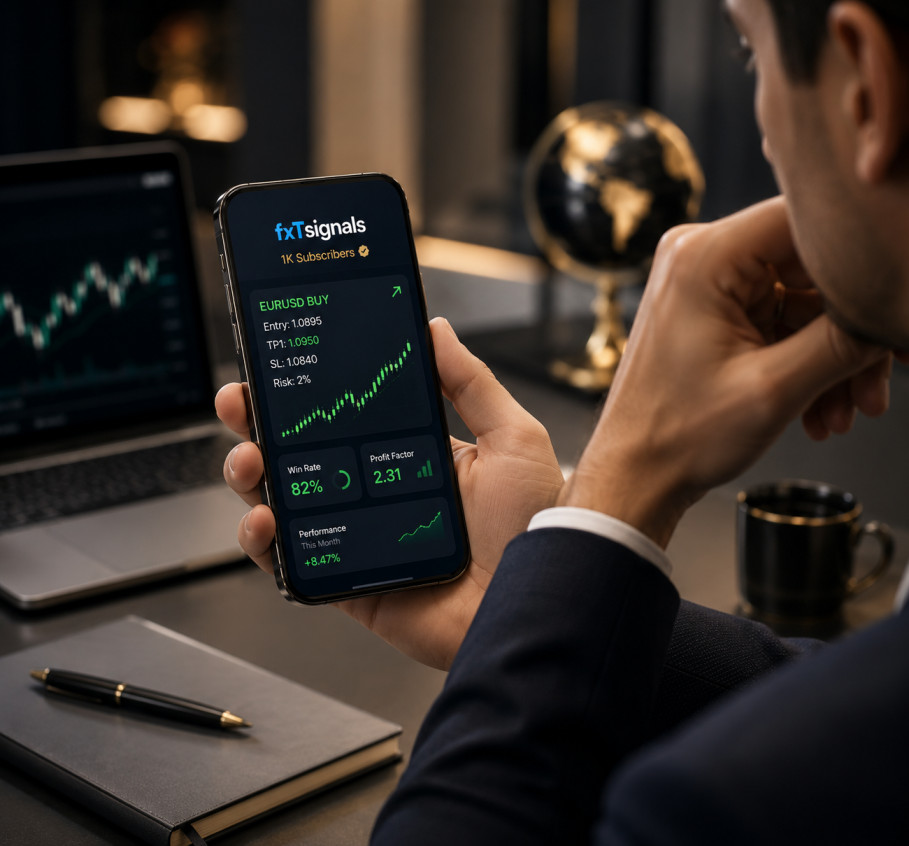 Forex traders reviewing signal performance statistics and trade history on tablet