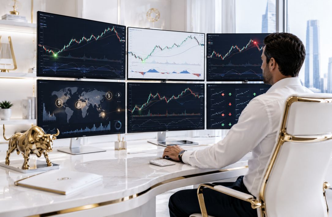 Forex trader using stock trading signals on a dual monitor professional trading setup