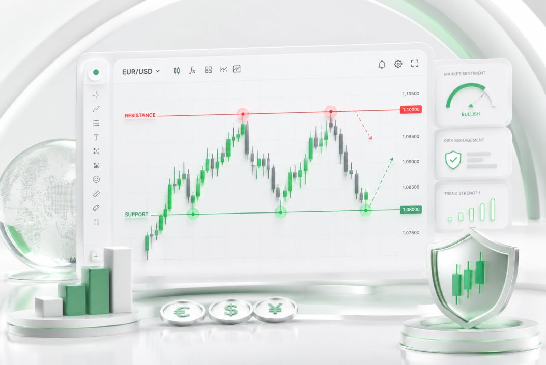 Forex trading chart showing support and resistance levels with channel trading — buy near support, sell near resistance