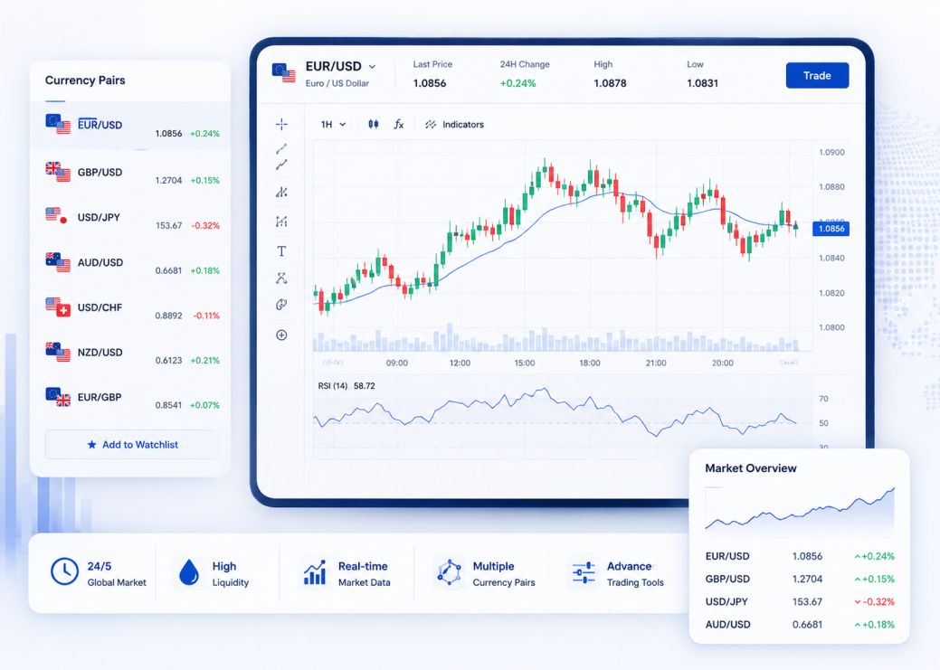 Forex currency pairs and live trading terminal showing real-time market data