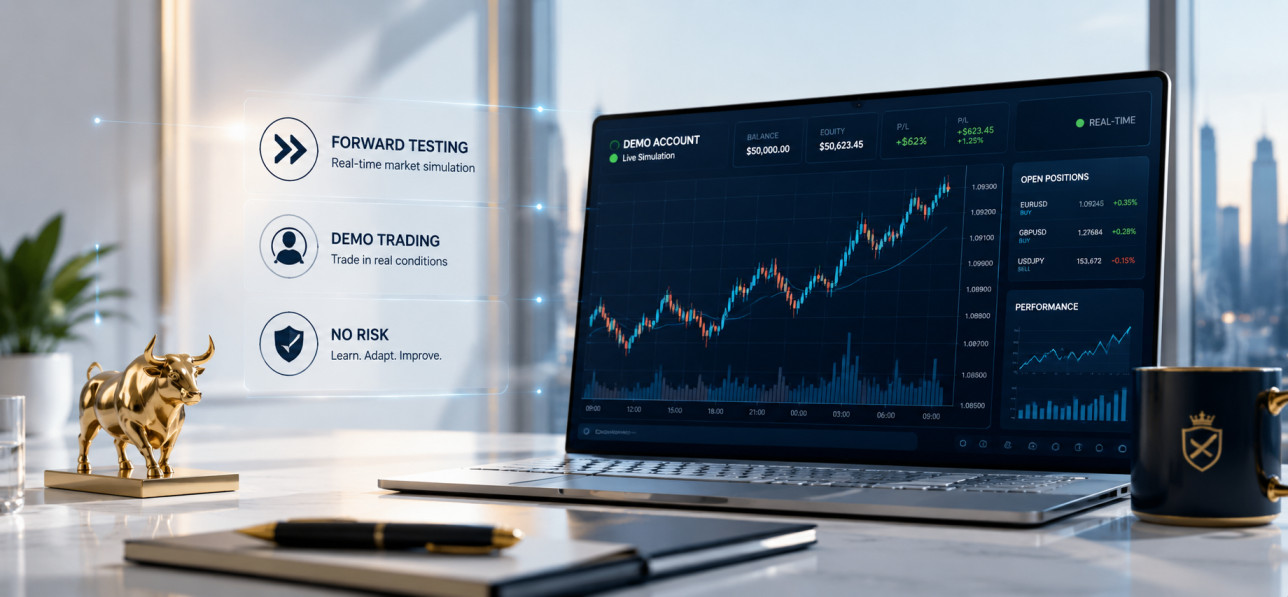Forex trader monitoring live demo trading session with real-time analytics