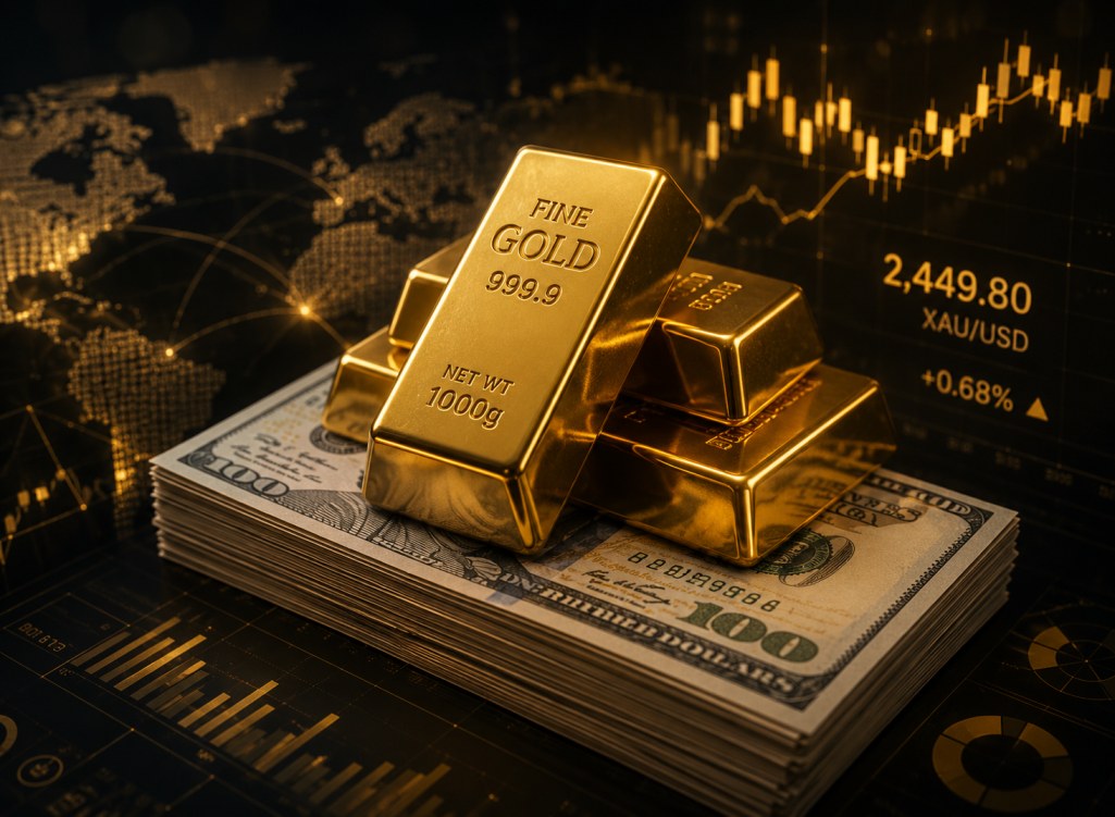 Gold bars stacked on US dollar bills — XAU/USD trading pair research