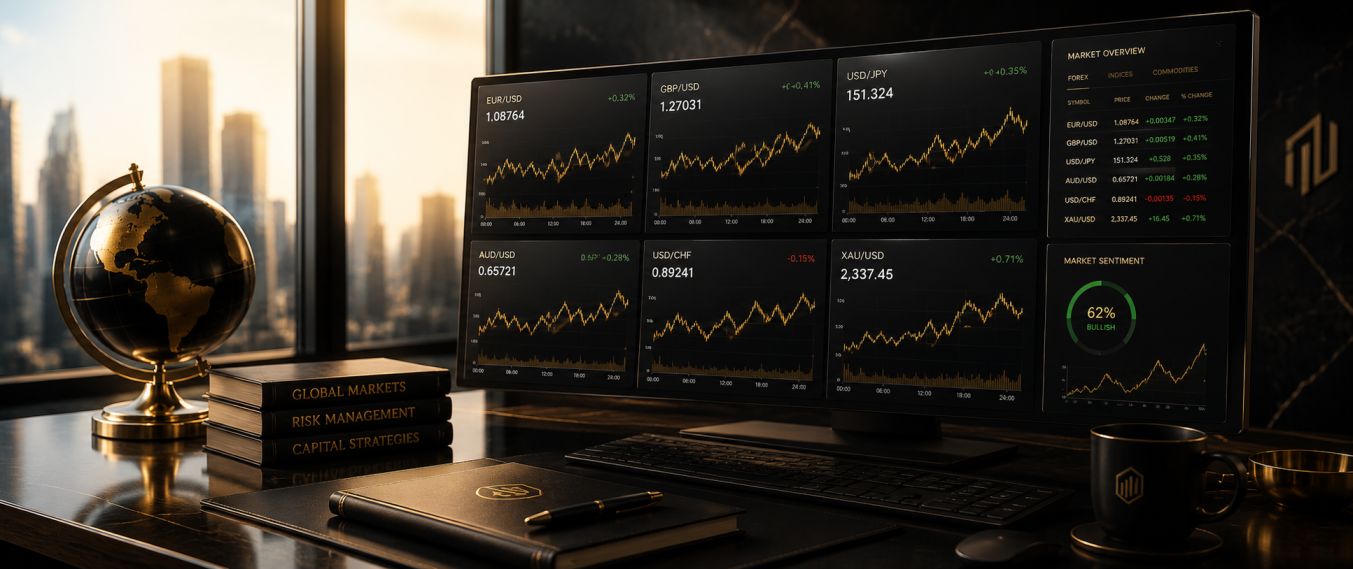 Hedge fund forex trading screens showing multi-currency analysis