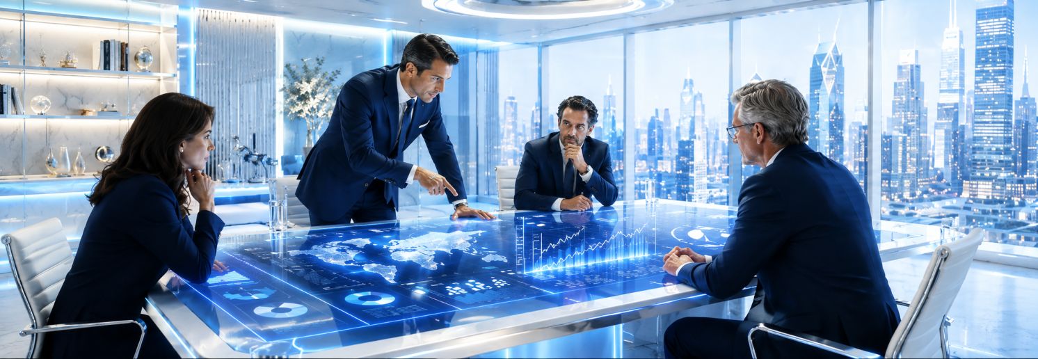 Hedge fund management team boardroom strategy session